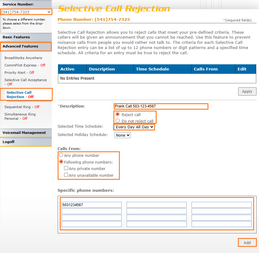 Selective Call Rejection